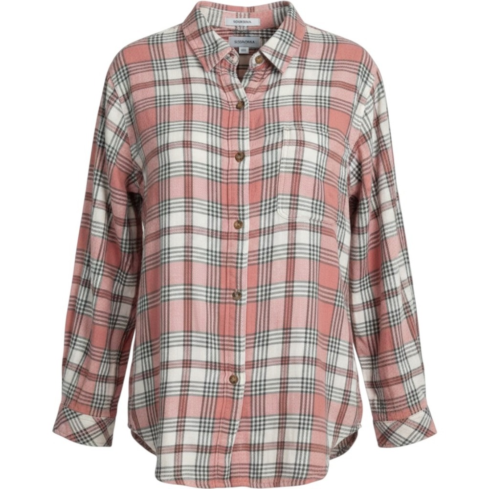 Sonoma Goods for Life Plaid Flannel Shirt Womens XL Pink White Boyfriend Button